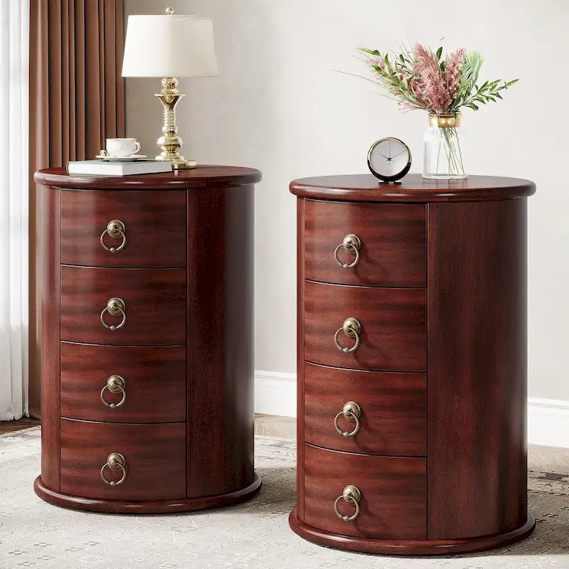 Table d’appoint ronde vintage en bois massif avec tiroirs latéraux, sans assemblage