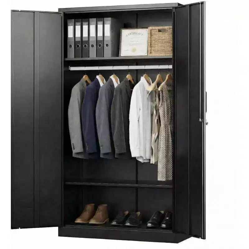 Armário de roupa de 72in com fechadura, armários de arrumação de garagem em metal preto com prateleiras ajustáveis e varão para cabides, armário de arrumação em metal para casa, quarto