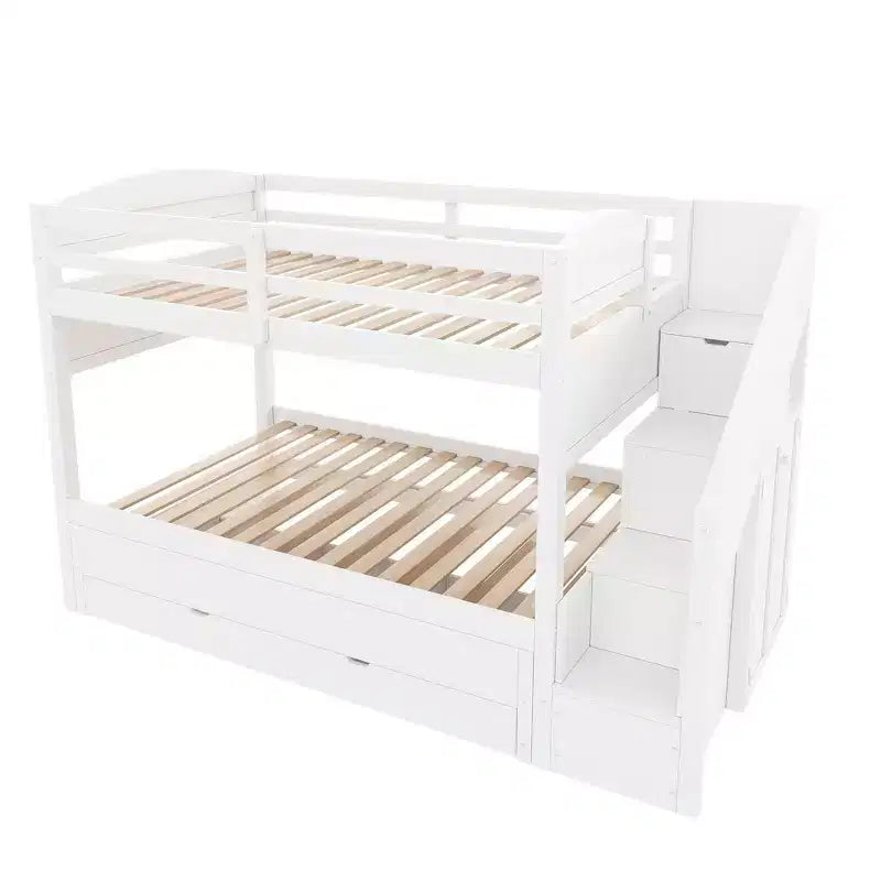 Estrutura de beliche Whisen Twin XL com cama auxiliar, beliche com arrumação, madeira maciça, escada com arrumação, roupeiro e 3 gavetas, para crianças