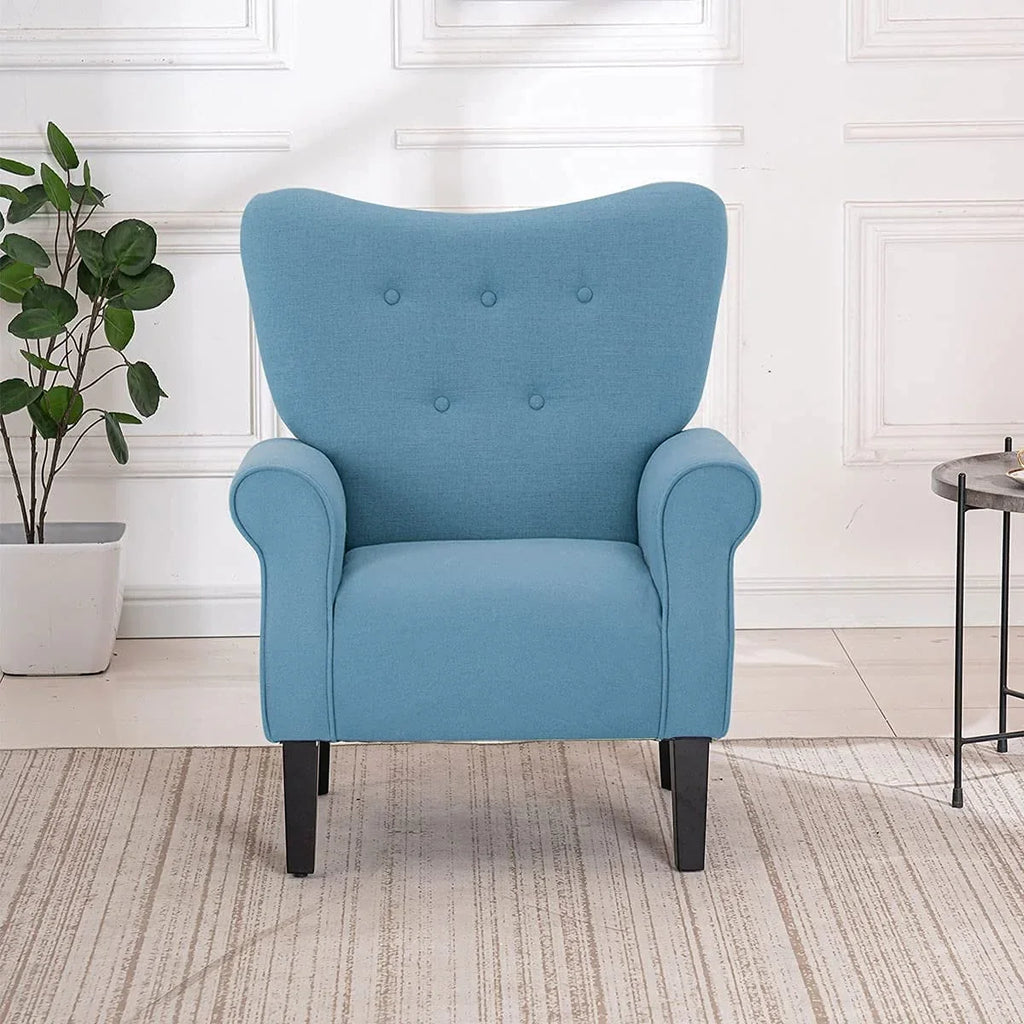 Fauteuil d’appoint moderne Erommy, fauteuil à dossier haut, canapé une place en tissu rembourré avec boutons et pieds en bois pour le salon