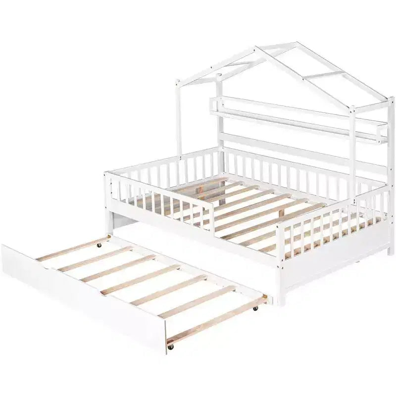 Estrutura de cama-casa Acekool Full com cama auxiliar Twin, gavetas de arrumação e prateleiras, telhado e vedação, cama de plataforma infantil, branca