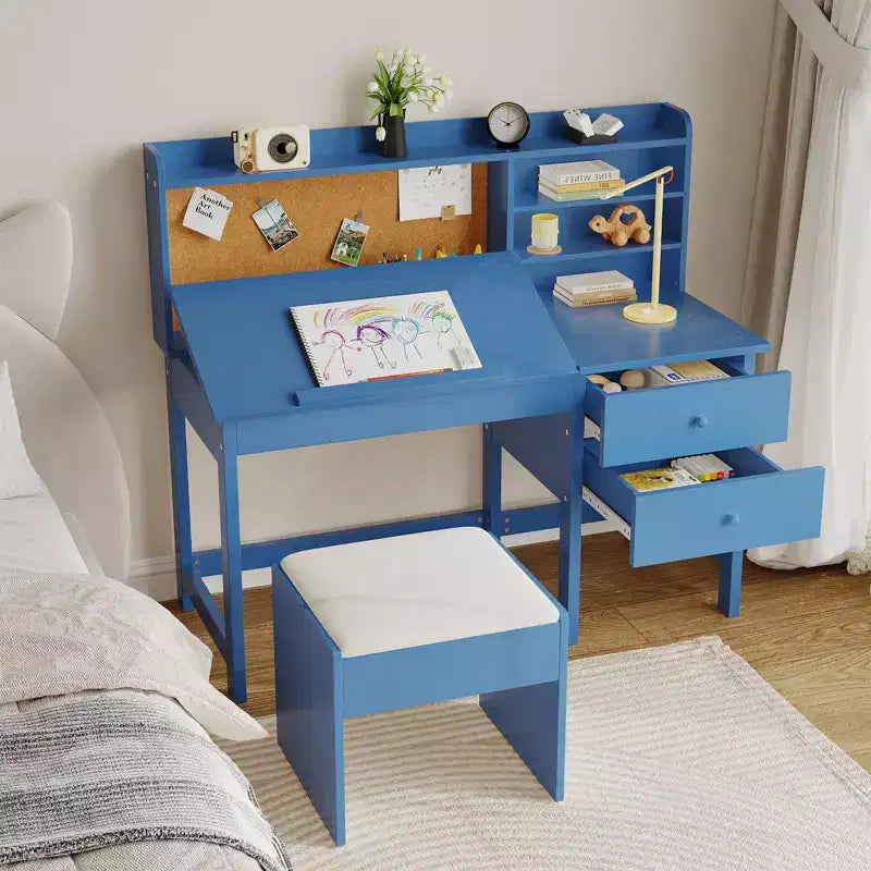 Sada dětského stolu a židle, dřevěný studijní stůl s nastavitelnou naklápěcí deskou, zásuvkami a korkovou nástěnkou - dětská školní studijní sada