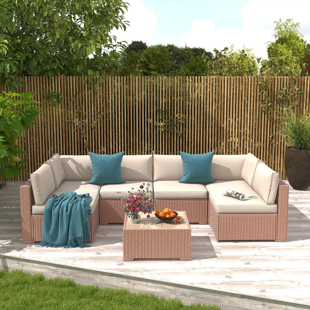 Ensemble de canapé modulaire d’extérieur rembourré en osier et acier, 7 pièces
