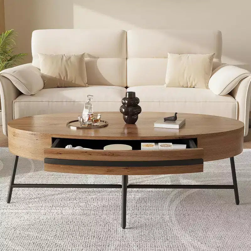 Mesa de centro oval Acekool com gaveta, mesa de arrumação de madeira de 47.2 com pernas metálicas cruzadas, mesa de centro moderna de meados do século em salgueiro natural e dourado