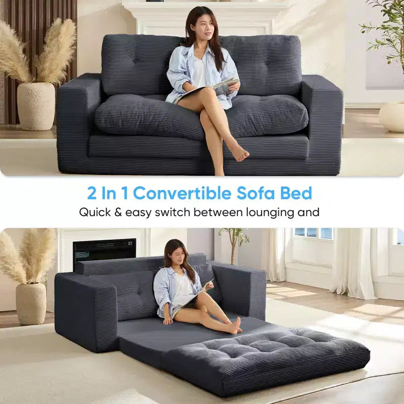 Canapé-lit futon convertible 2-en-1 Mjkone de 71 po, canapé deux places convertible pliable en tissu côtelé avec boutons capitonnés, gain de place