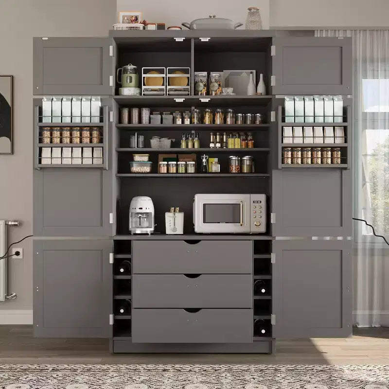 Dispensa alta da cucina con prese di corrente, grande armadio indipendente con supporto per microonde, cassetti, ripiani, portabottiglie e ripiano nell’anta