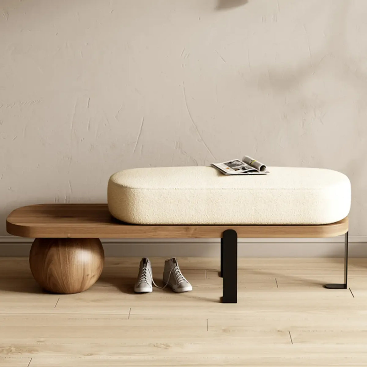 Panca corta moderna in legno con imbottitura beige