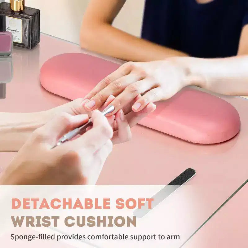 Mesa de manicure moderna preta/rosa com tampo de vidro e apoio para os pulsos, estação individual