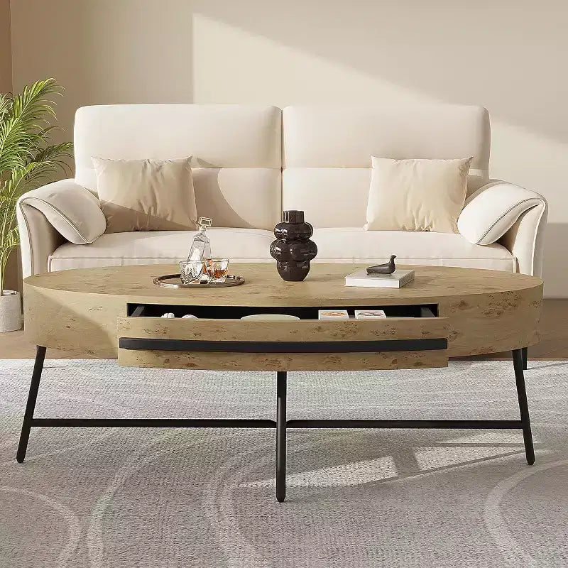 Mesa de centro oval Acekool com gaveta, mesa de arrumação de madeira de 47.2 com pernas metálicas cruzadas, mesa de centro moderna de meados do século em salgueiro natural e dourado