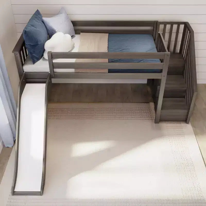 Cama baixa elevada individual para crianças com escorrega e escadas, madeira maciça, 14 proteções, capacidade de 400 lb