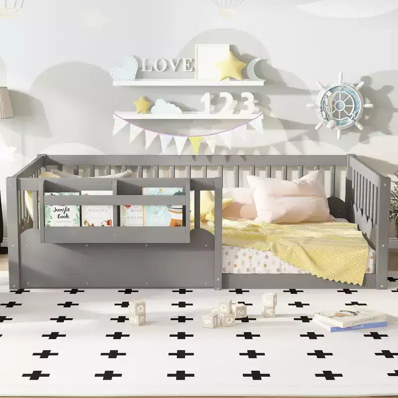 Bellemave Kinder-Bodenbett mit erhöhtem Rausfallschutz und Bücherregal, hölzernes Montessori-Einzelbettgestell für Mädchen und Jungen