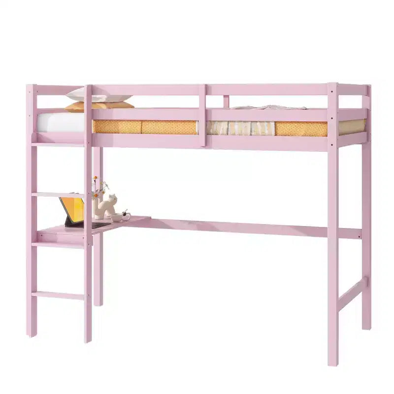 Lit mezzanine minimaliste Okak avec échelle, lit mezzanine double en bois d'hévéa avec barrière de sécurité et bureau intégré, cadres de lit pour enfants et adolescents