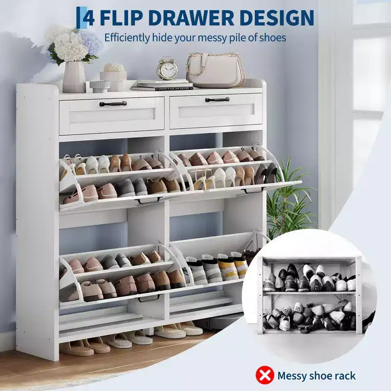 Schuhschrank mit 4 Klappschubladen und 2 oberen Schubladen, hölzerner Schuhorganizer-Schrank mit verstellbarem Regal, freistehende Schuhaufbewahrungsschränke