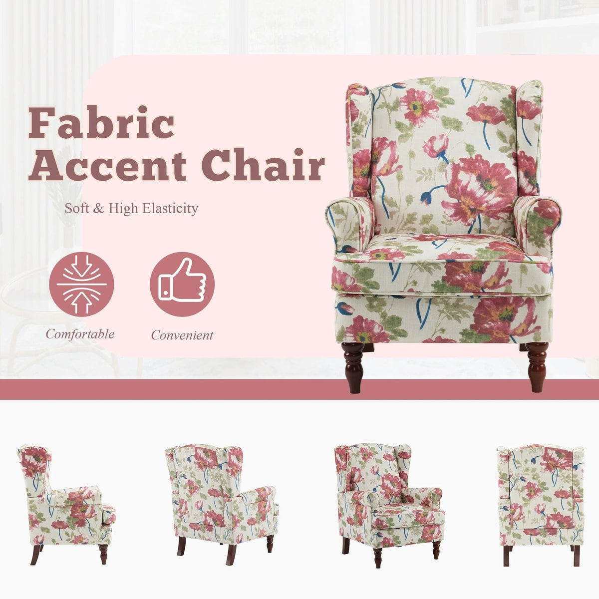 Fauteuil d’appoint moderne Erommy, fauteuil à dossier haut, canapé une place en tissu rembourré avec boutons et pieds en bois pour le salon