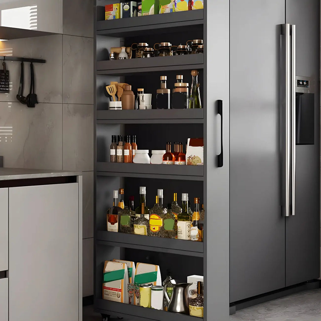 Credenza moderna in legno con ripiani aperti e rotelle