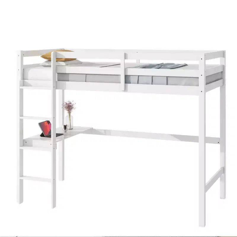 Lit mezzanine minimaliste Okak avec échelle, lit mezzanine double en bois d'hévéa avec barrière de sécurité et bureau intégré, cadres de lit pour enfants et adolescents
