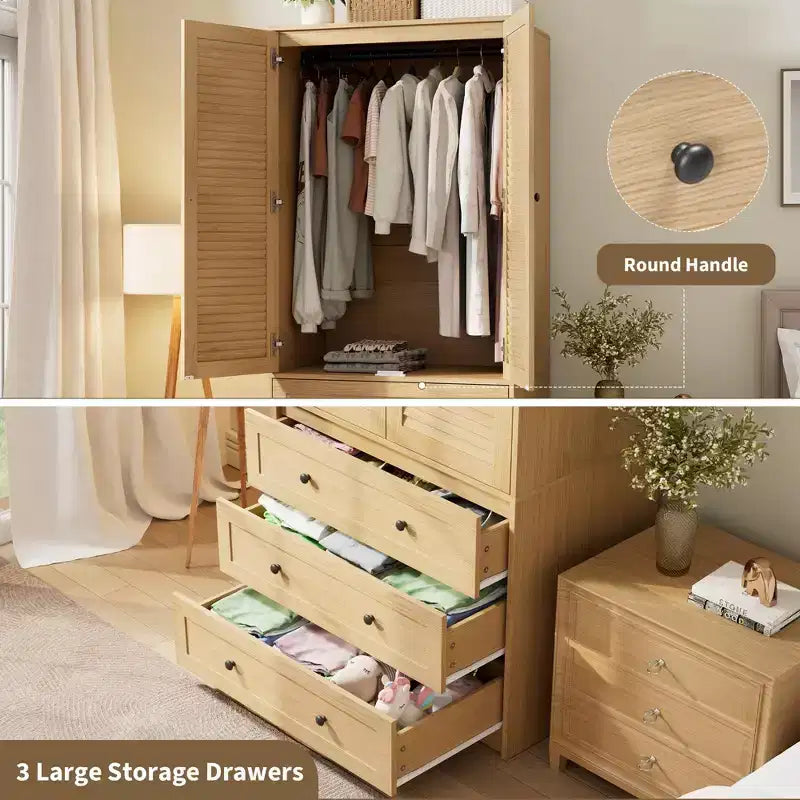 Armário roupeiro COZONY com 3 gavetas e 2 portas, armário de madeira moderno para quarto, roupeiro branco independente para cargas pesadas