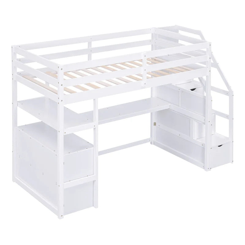 Cama alta Twin com secretária e prateleiras, duas gavetas incorporadas e escada com arrumação