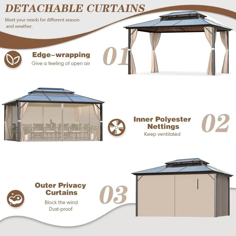 EROMMY Hardtop Gazebo,Outdoor Pergola with Double Roof & Netting & Curtains,Heavy Duty Canopy for Patio, Backyard, Pool party