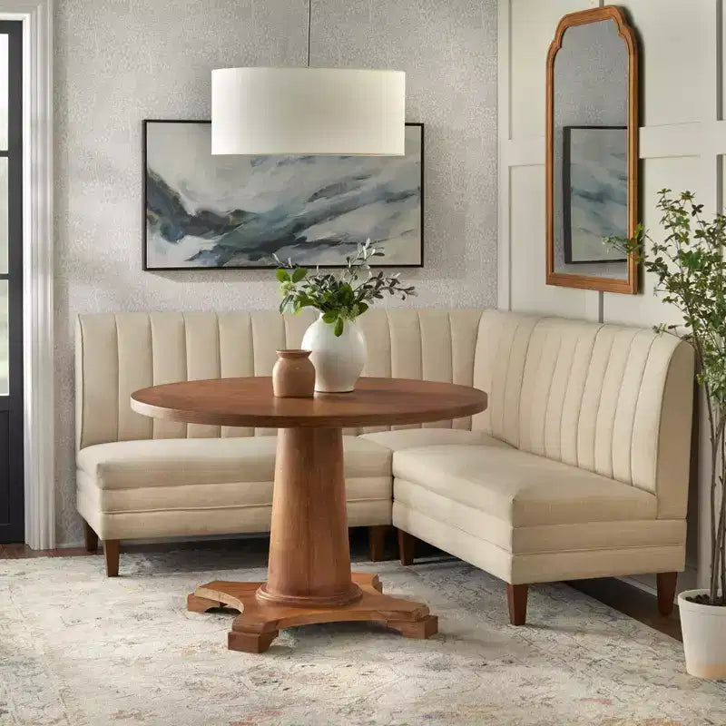 Conjunto de jantar banquette Kerrington de 4 peças Lifestorey, com encosto canelado, nogueira/creme: tecido com aspeto de linho, mesa com pé central