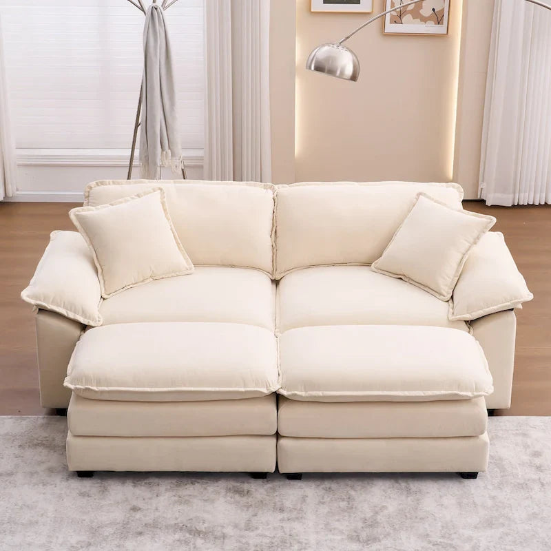 Canapé 2 places avec 2 coussins, 2 oreillers et 2 poufs, canapé confortable – canapé profond modulable pour le salon