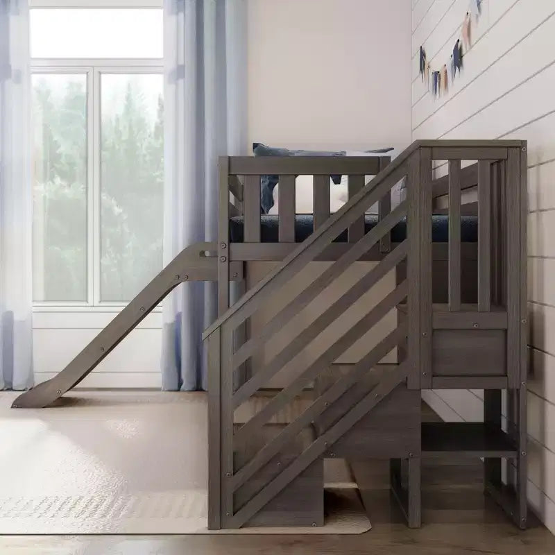 Cama baixa elevada individual para crianças com escorrega e escadas, madeira maciça, 14 proteções, capacidade de 400 lb