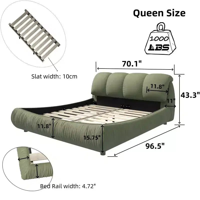 Lit plateforme queen-size de luxe rembourré MAYEERTY, avec dossier capitonné surdimensionné et cadre en bois massif, vert
