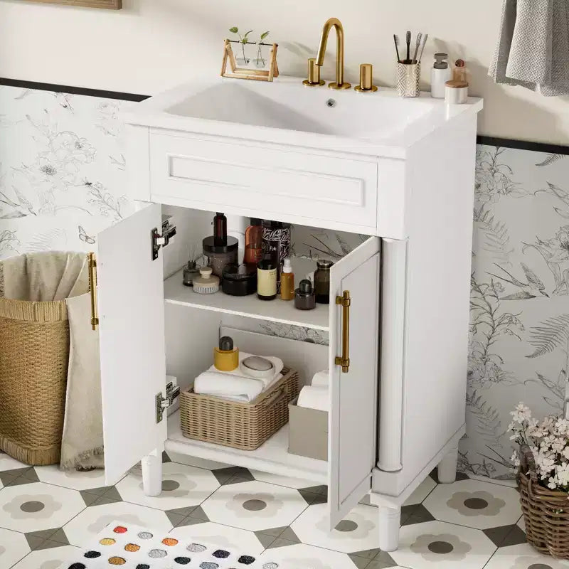 Móvel de casa de banho de 24 com lavatório cerâmico, armário Shaker, 2 portas com fecho suave e estrutura de madeira maciça para casa de banho pequena ou lavabo