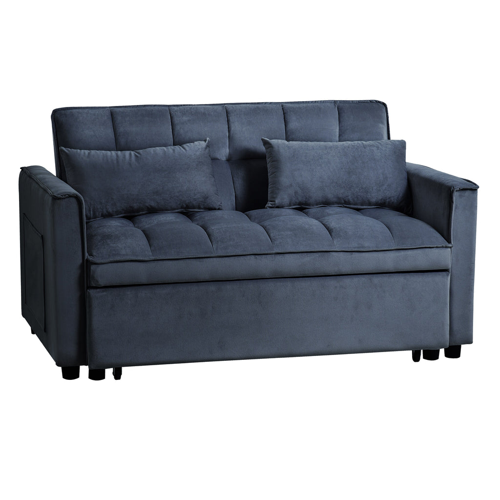 Sofá-cama moderno extensível, sofá-cama 3-em-1 com encosto ajustável, sofá de dois lugares em veludo, almofadas e bolsos laterais