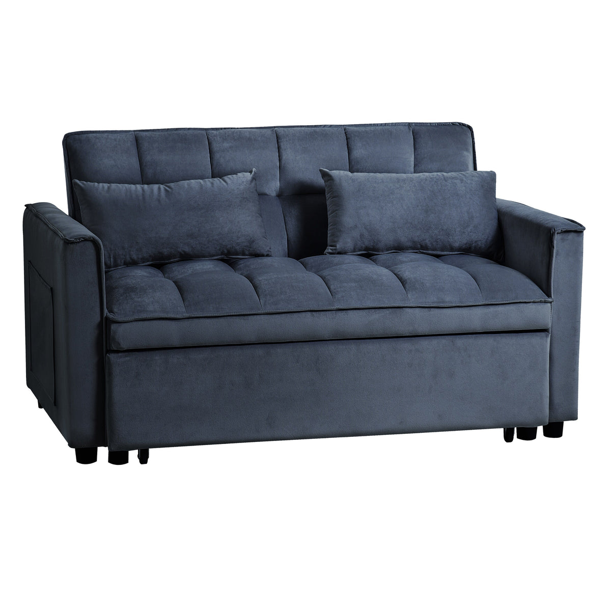 Sofá-cama moderno extensível, sofá-cama 3-em-1 com encosto ajustável, sofá de dois lugares em veludo, almofadas e bolsos laterais