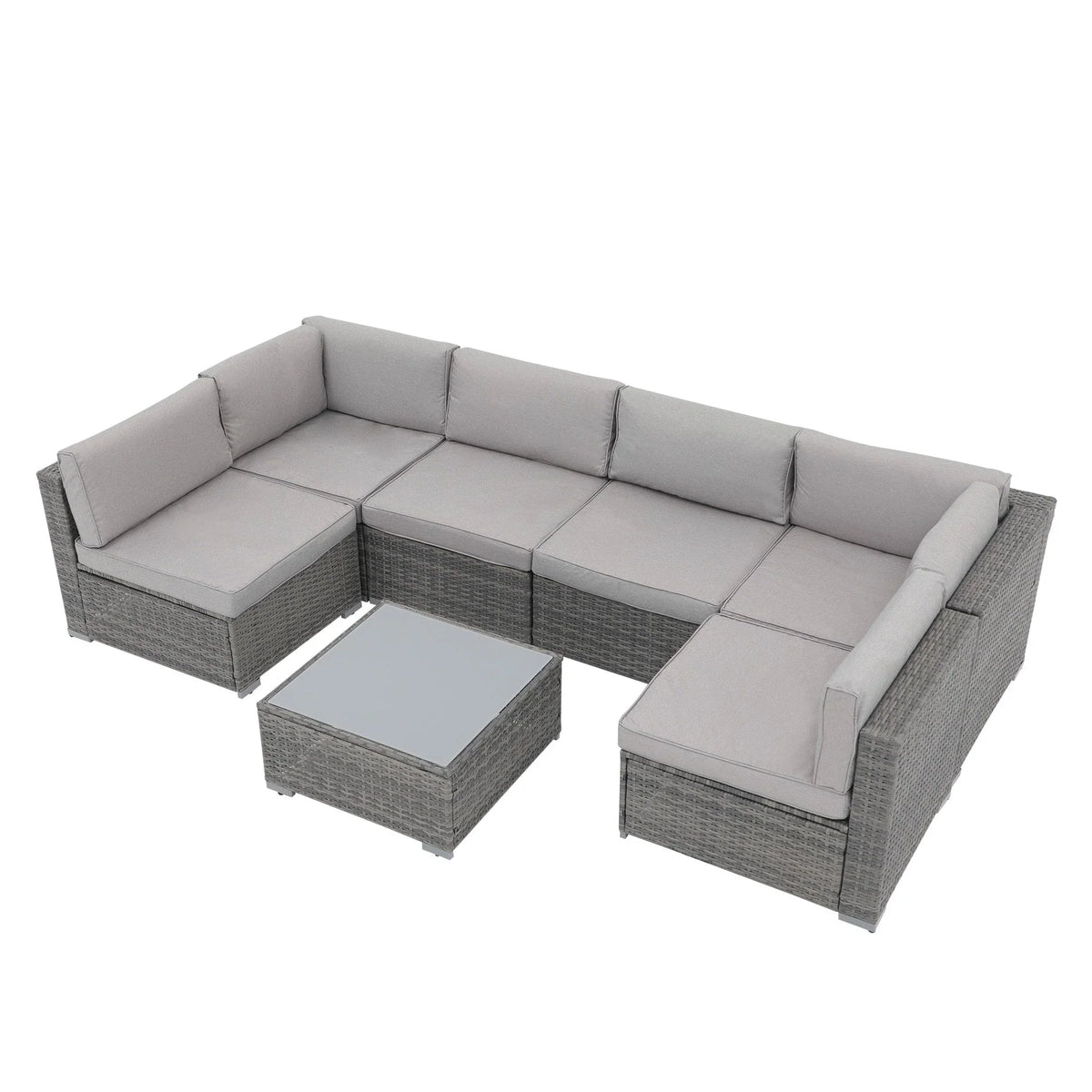 Ensemble de canapé modulaire d’extérieur rembourré en osier et acier, 7 pièces