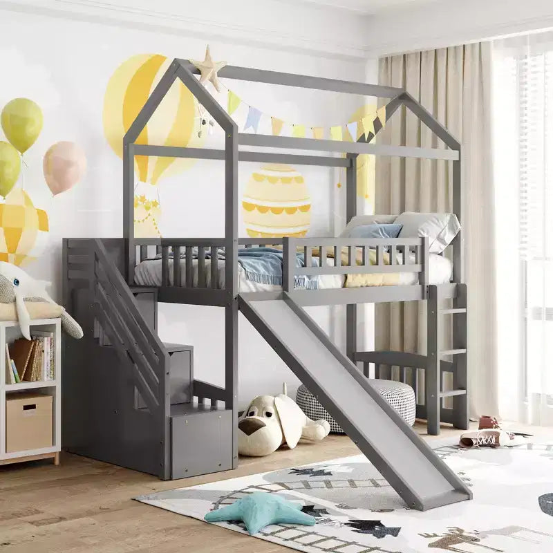 Cama alta tipo casa Twin com escorrega e escadas, cama alta com gavetas de arrumação, cama alta de madeira tipo cabana para crianças e bebés