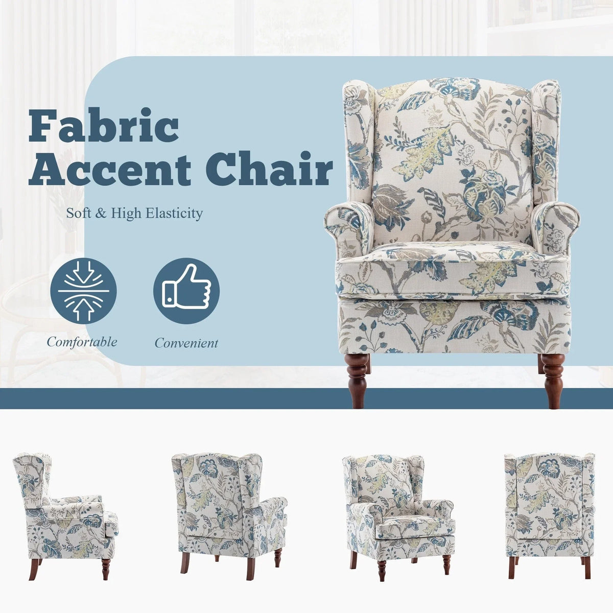 Fauteuil d’appoint moderne Erommy, fauteuil à dossier haut, canapé une place en tissu rembourré avec boutons et pieds en bois pour le salon