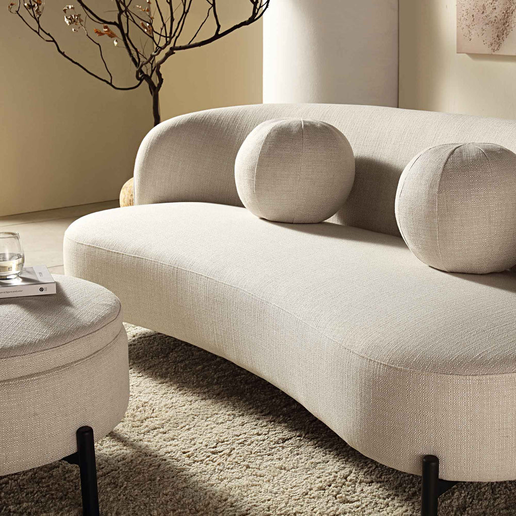 Canapé incurvé 3 places avec coussins ronds, mélange de lin beige