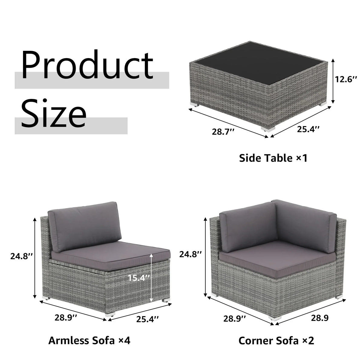 Ensemble de canapé modulaire d’extérieur rembourré en osier et acier, 7 pièces