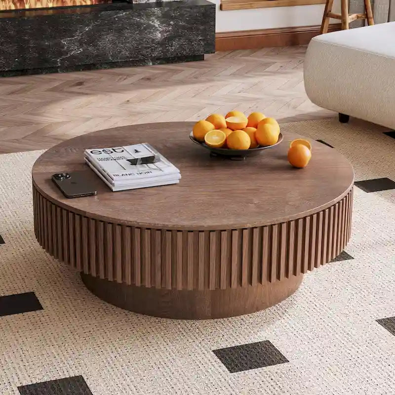 Tavolino rotondo moderno in legno massello impiallacciato con contenitore, da caffè o da tè