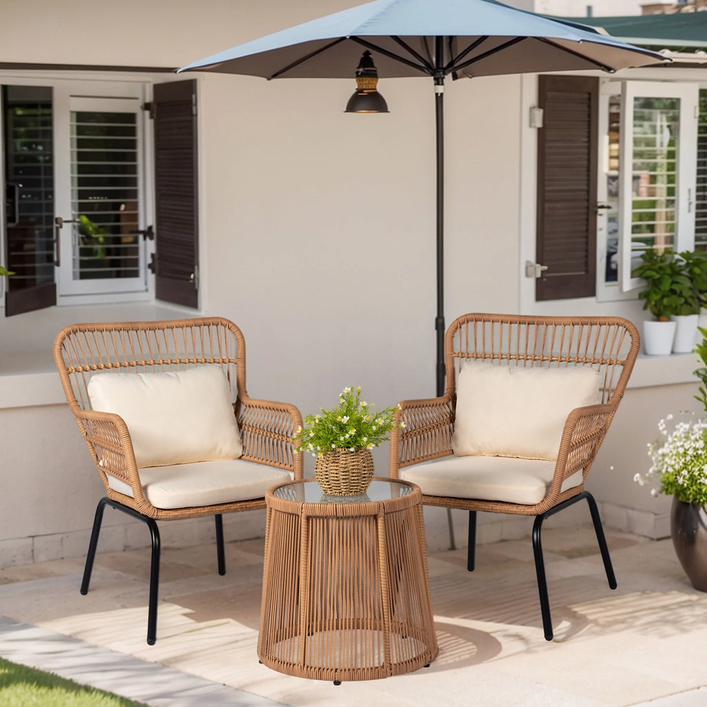 Ensemble bistro de conversation extérieur en osier de 3 pièces, mobilier de patio en rotin toutes saisons avec coussins