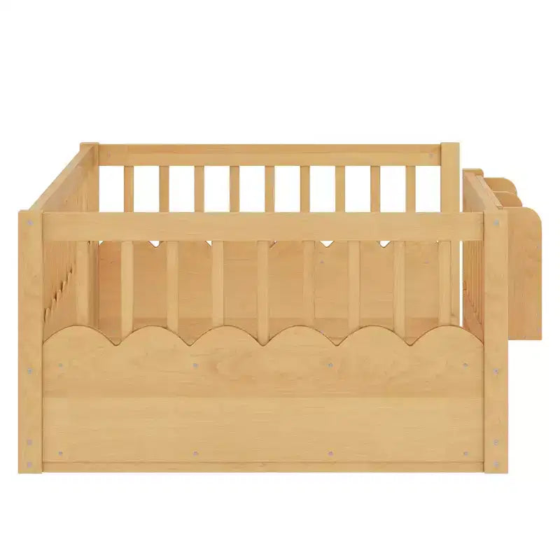 Bellemave Kinder-Bodenbett mit erhöhtem Rausfallschutz und Bücherregal, hölzernes Montessori-Einzelbettgestell für Mädchen und Jungen