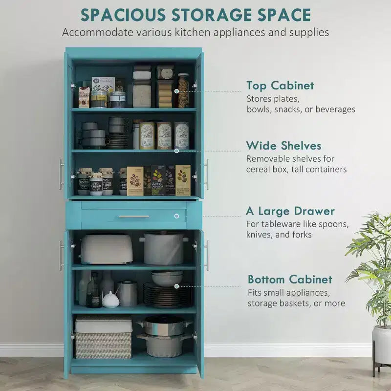 Meuble garde-manger de cuisine moderne autoportant avec portes et tiroir, étagères réglables