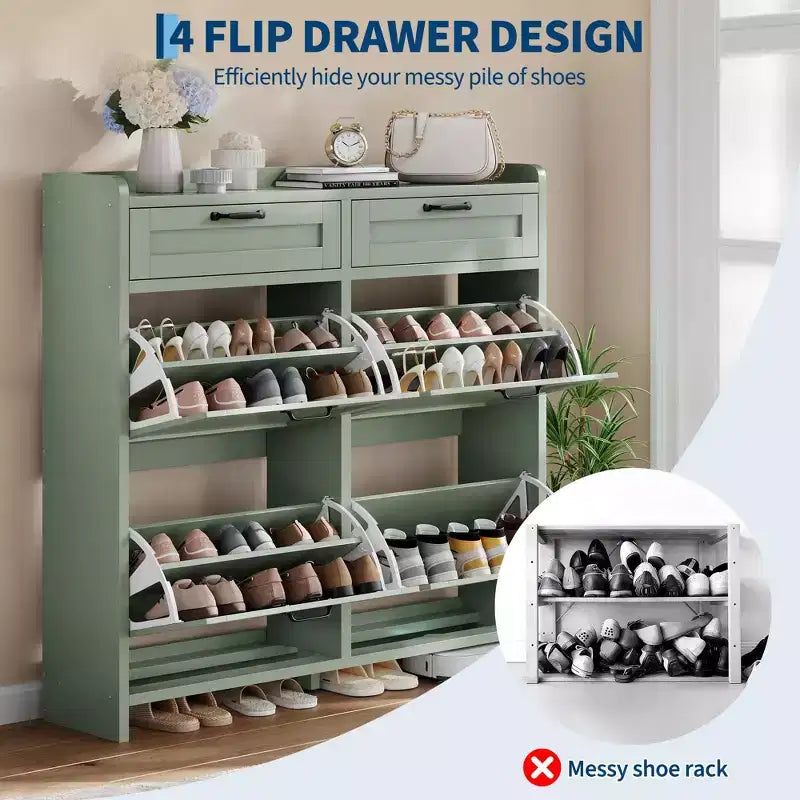 Schuhschrank mit 4 Klappschubladen und 2 oberen Schubladen, hölzerner Schuhorganizer-Schrank mit verstellbarem Regal, freistehende Schuhaufbewahrungsschränke