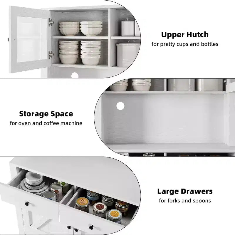 Armário despenseiro de cozinha com suporte para micro-ondas, armário com vitrina e aparador com prateleiras ajustáveis, para cozinha e sala de jantar