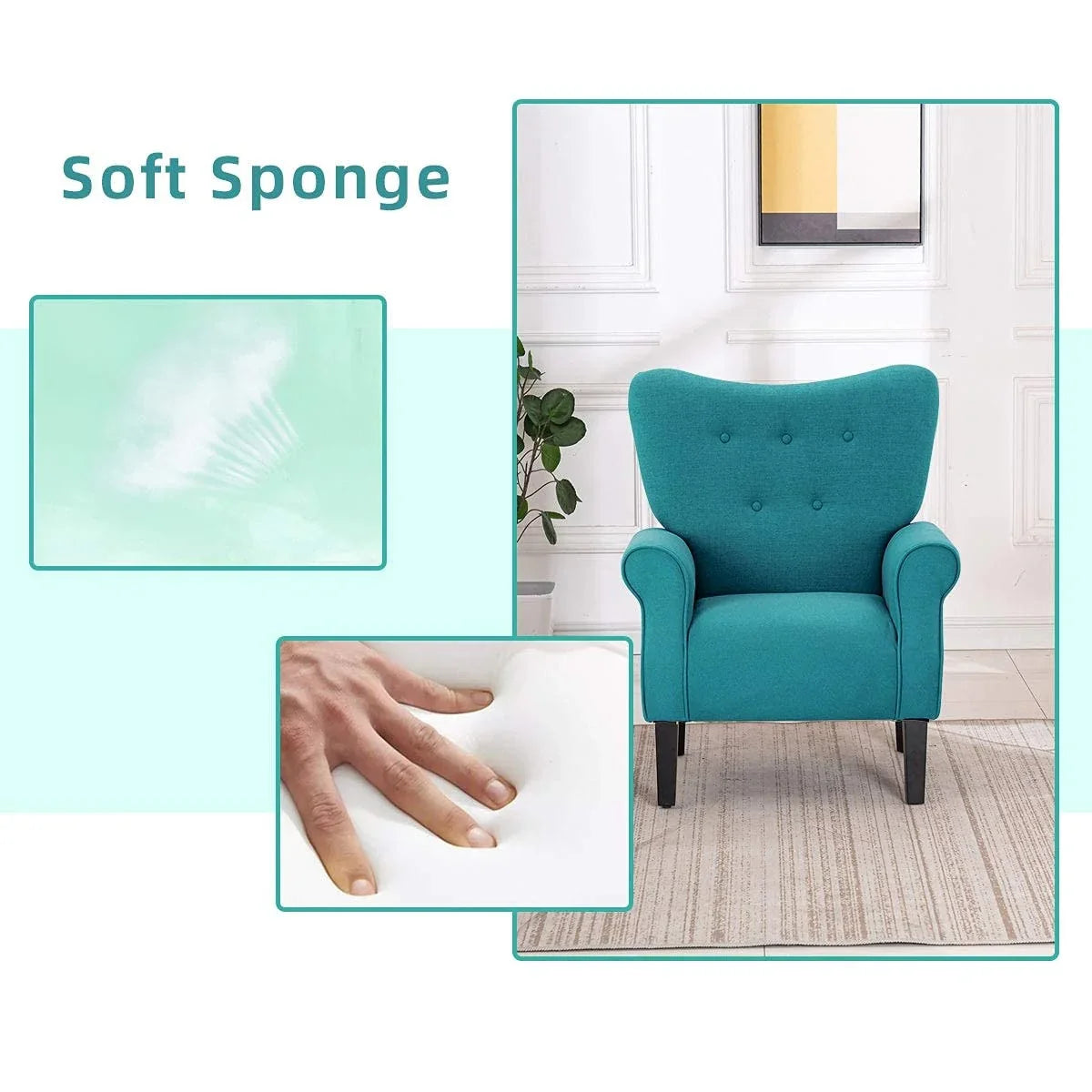 Fauteuil d’appoint moderne Erommy, fauteuil à dossier haut, canapé une place en tissu rembourré avec boutons et pieds en bois pour le salon