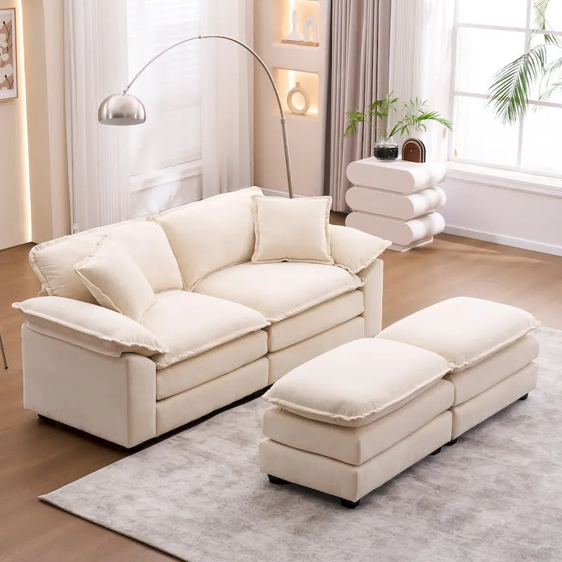Canapé 2 places avec 2 coussins, 2 oreillers et 2 poufs, canapé confortable – canapé profond modulable pour le salon