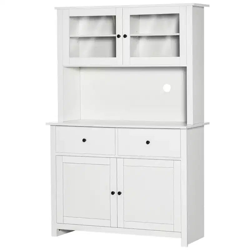 HOMCOM 63.5 Aparador de cozinha com módulo superior, armário de despensa com 4 prateleiras, gavetas, portas de vidro com moldura e bancada aberta para micro-ondas