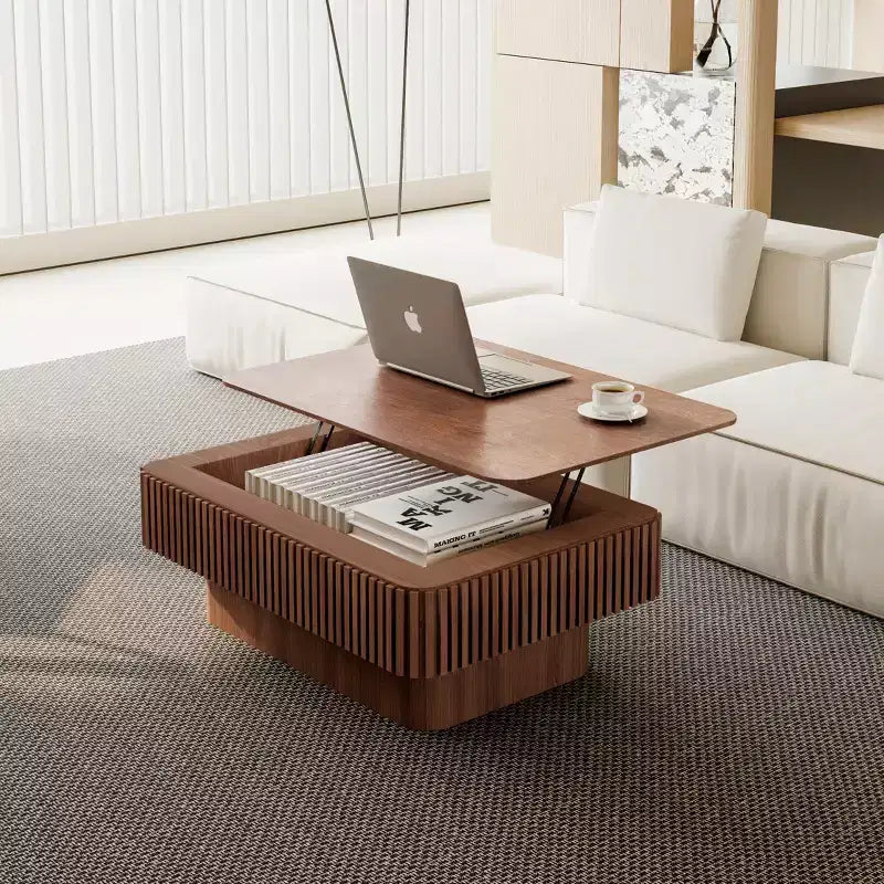 Mesa de centro JVNOXK com tampo elevatório canelado de 38.6', com arrumação, folheado de madeira maciça, altura ajustável, mesa de destaque moderna para sala de estar ou quarto, nogueira