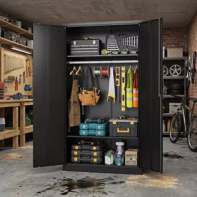 Armário de roupa de 72in com fechadura, armários de arrumação de garagem em metal preto com prateleiras ajustáveis e varão para cabides, armário de arrumação em metal para casa, quarto