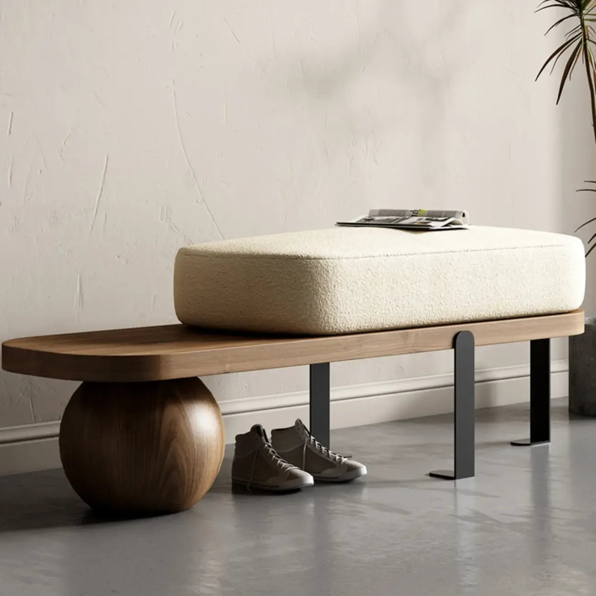 Panca corta moderna in legno con imbottitura beige