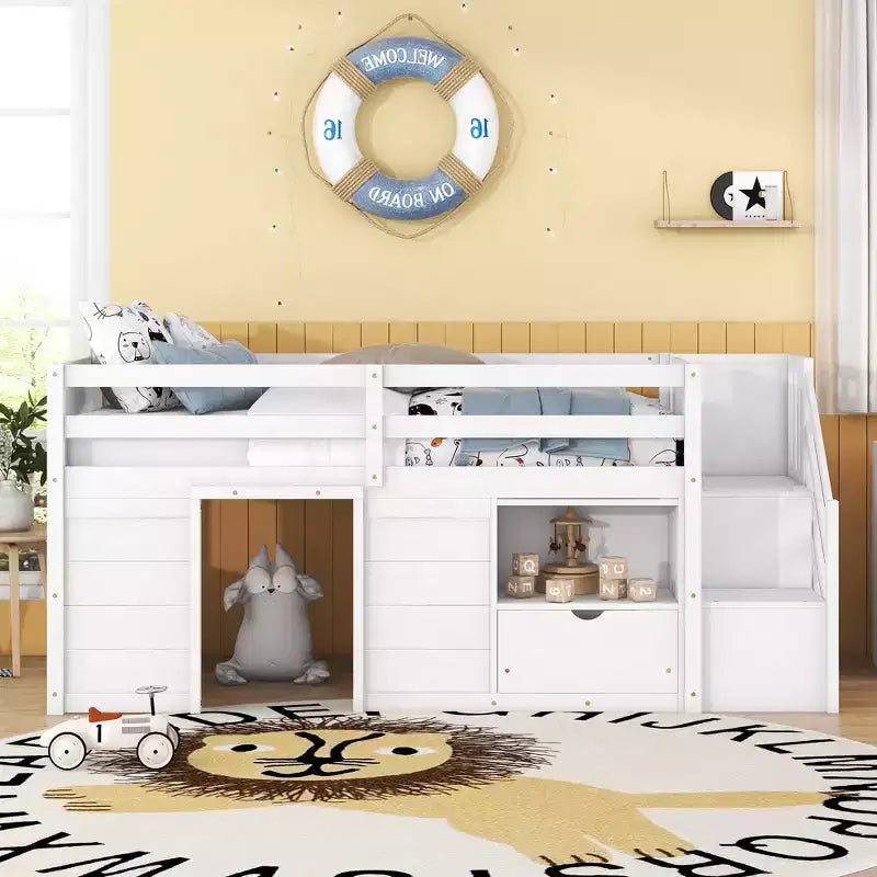 Cama baixa tipo loft individual em madeira maciça, 94.6L x 42.3W, com escada, gaveta e prateleira, design moderno e simples