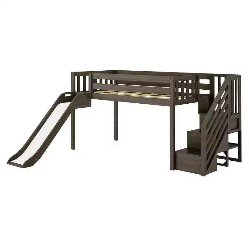 Cama baixa elevada individual para crianças com escorrega e escadas, madeira maciça, 14 proteções, capacidade de 400 lb