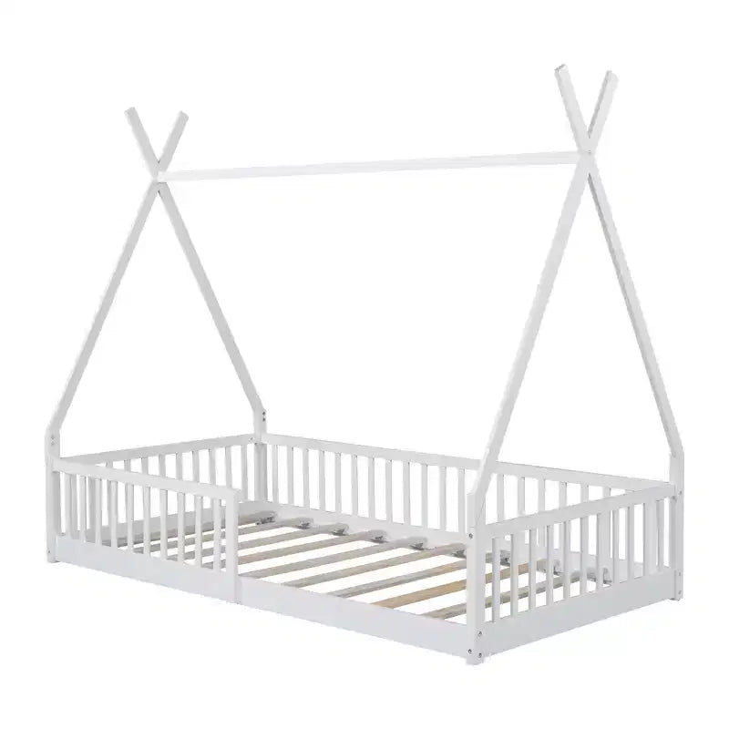 Cama de chão para crianças, camas-tenda individuais, cama de chão Montessori com ripas e grades de proteção, estrutura de cama-casa de madeira para meninos e meninas